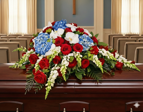 #15 Patriotic Honor Casket Spray – Red Roses, Blue Hydrangea & White Orchids