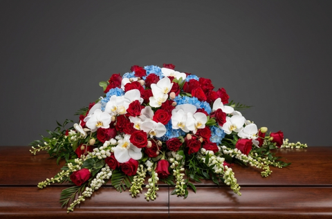 #15 Patriotic Honor Half Casket Spray – Red Roses, Blue Hydrangea & White Orchids