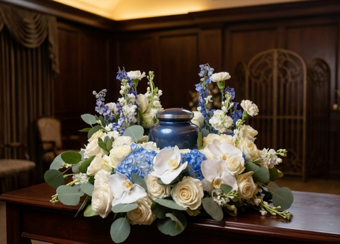 #94 Serene Blue and White Memorial Urn Wreath