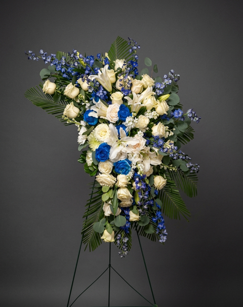 #265 Blue Serenity Standing Spray – Elegant Blue and White Side Arrangement (Buy Two for a Symmetrical Display)