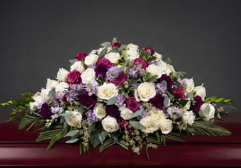 #16 Eternal Grace Half Casket Spray – Burgundy, Royal Purple & Ivory Rose Arrangement