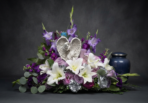 #206 Guardian Angel Lavender & White Urn Arrangement