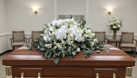 #238 Luxury White Funeral Casket Spray – Orchids and Roses