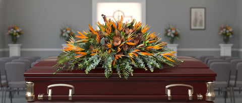#240 Tropical Birds of Paradise Full Casket Spray – Custom Funeral Flowers Colorado