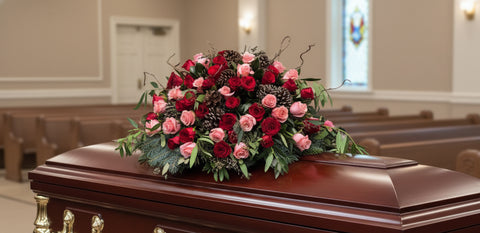 #241 Red & Pink Rose Casket Spray with Pine – Custom Funeral Flowers Colorado