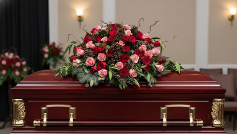 #241 Red & Pink Rose Casket Spray with Pine – Custom Funeral Flowers Colorado