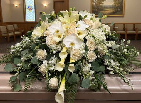 #242 Elegant White Casket Spray – Roses, Calla Lilies & Orchids | Colorado Funeral Flowers
