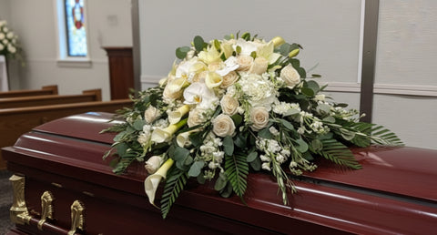 #242 Elegant White Casket Spray – Roses, Calla Lilies & Orchids | Colorado Funeral Flowers