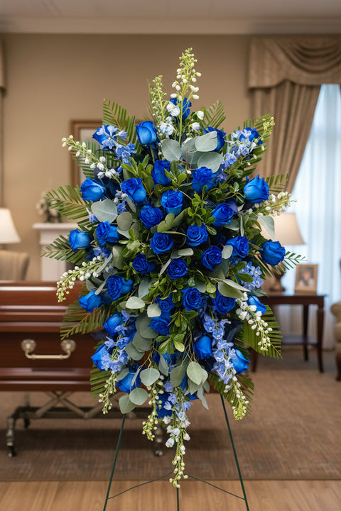 #244 Blue Rose Memorial Standing Spray – Elegant Funeral Flowers for Colorado Services