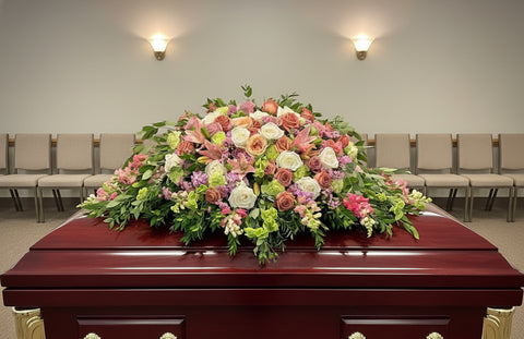 #247 Garden-Inspired Casket Spray with Roses, Lilies & Mixed Blooms