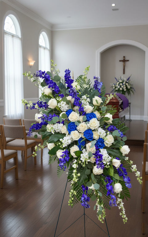 #265 Blue Serenity Standing Spray – Elegant Blue and White Side Arrangement (Buy Two for a Symmetrical Display)