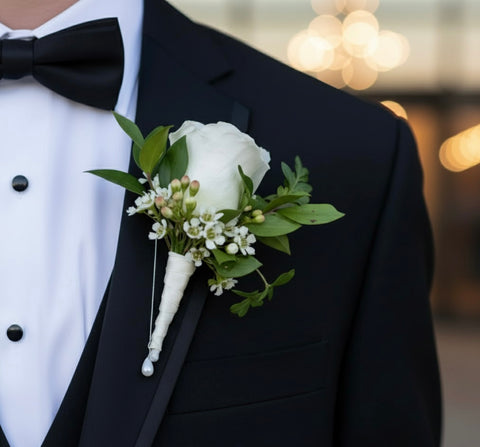 Classic White Rose Corsage & Boutonniere – Fresh Flowers