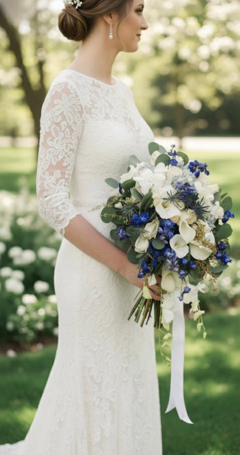 Trailing & Cascading Wedding Bouquets | Deep Blue & White Bridal Florals