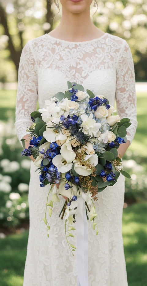 Trailing & Cascading Wedding Bouquets | Deep Blue & White Bridal Florals