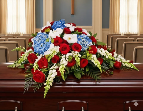 #45 Patriotic Honor Casket Spray – Red Roses, Blue Hydrangea & White Orchids