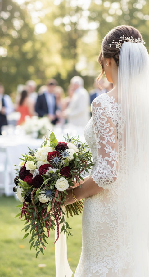 Trailing Bridal Bouquet - Rustic Crimson & Navy Wedding Flowers | Castle Rock & CO Events