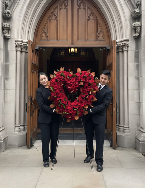 #270 Premium Red Rose Standing Heart Funeral Wreath - A Tribute of Love