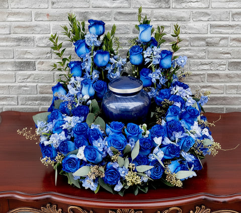 #245 Blue Rose Urn Wreath – Custom Funeral Flowers for Colorado Services