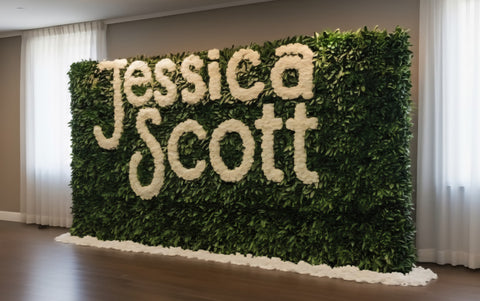 #275 Personalized Silk Boxwood & Rose Floral Wall Backdrop - Event Rental