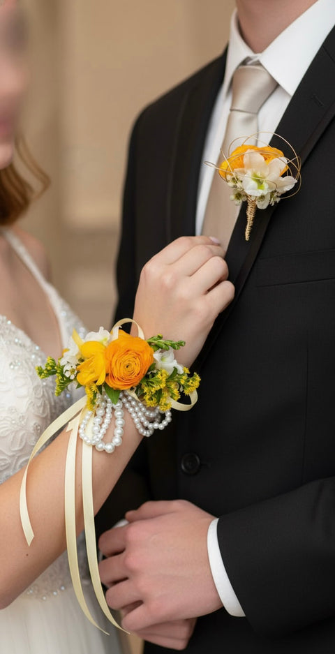 Yellow and White Wrist Corsage & Boutonniere for Prom Fresh Flowers Marchello's Floral Yellow and White Wrist Corsage & Boutonniere for Prom Fresh Flowers Marchello's Floral