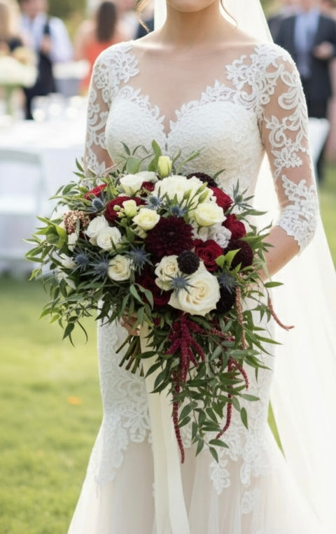 Trailing Bridal Bouquet - Rustic Crimson & Navy Wedding Flowers | Castle Rock & CO Events