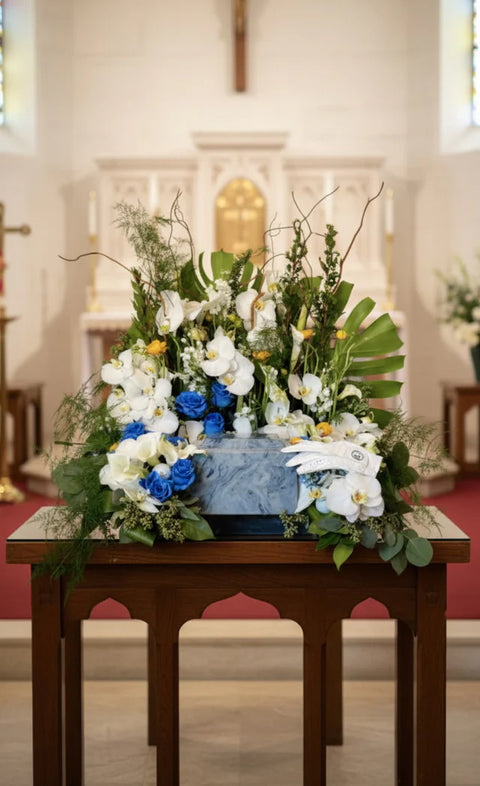 #271 Serene Blue & White Orchid Urn Centerpiece - Custom Memorial Flowers