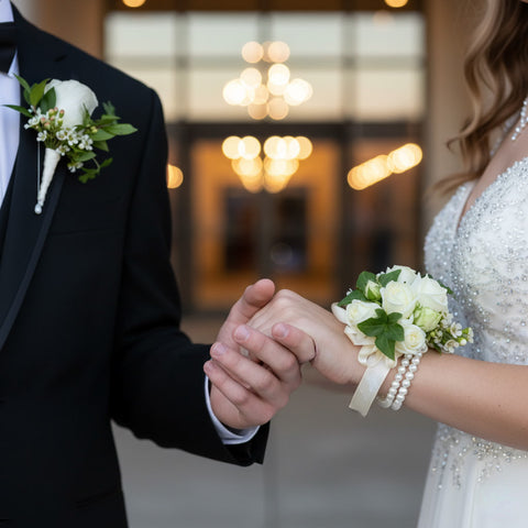 Classic White Rose Corsage & Boutonniere – Fresh Flowers