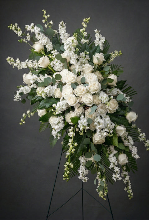 #265 Blue Serenity Standing Spray – Elegant Blue and White Side Arrangement (Buy Two for a Symmetrical Display)