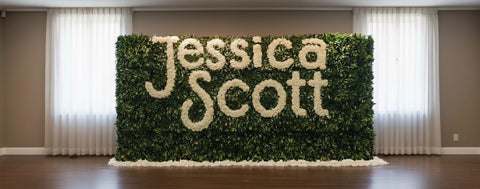 #275 Personalized Silk Boxwood & Rose Floral Wall Backdrop - Event Rental