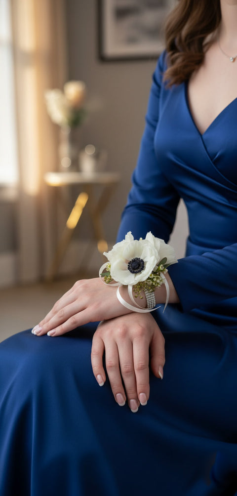 blue corsage dress Navy Wrist this dress will ensure you look effortlessly chic and feel comfortable throughout any occasion. Navy Blue and White Rose