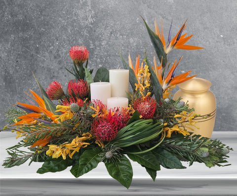 Tropical Candle Funeral Floral Arrangement – Local Delivery to Colorado Funeral Homes & Churches