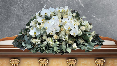 Luxury White Funeral Casket Spray – Orchids and Roses