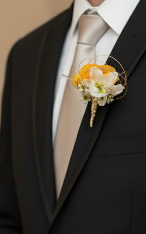 Yellow and White Wrist Corsage & Boutonniere for Prom Fresh Flowers Marchello's Floral Yellow and White Wrist Corsage & Boutonniere for Prom Fresh Flowers Marchello's Floral