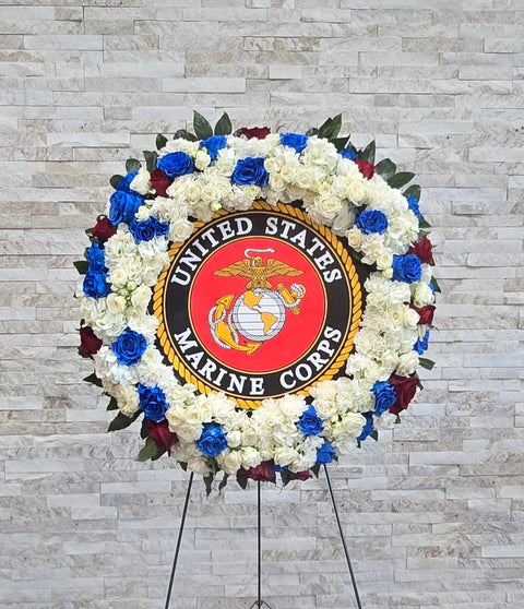 #276 US Marine Corps Tribute Standing Wreath - Red, White & Blue Funeral Flowers