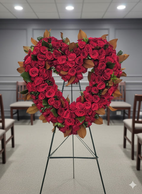 #270 Premium Red Rose Standing Heart Funeral Wreath - A Tribute of Love