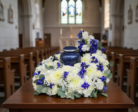 #249 Blue & White Urn Wreath Tribute