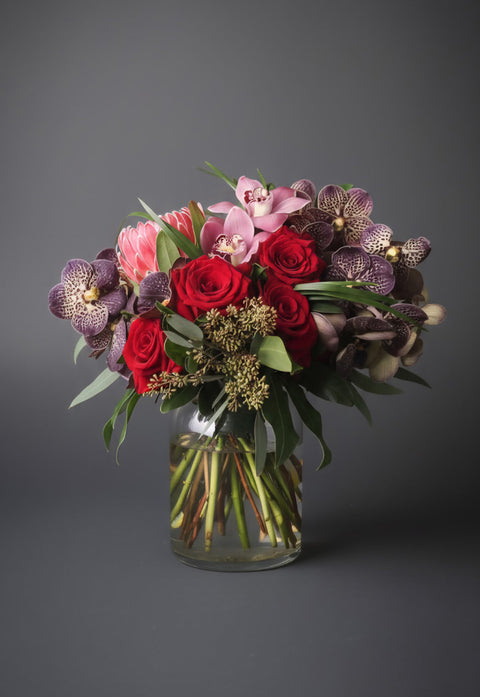Vanda Romance – Luxury Purple Orchid & Crimson Rose Masterpiece