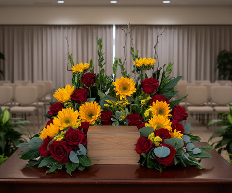#85 Golden Remembrance Custom Urn Wreath with Sunflowers & Roses