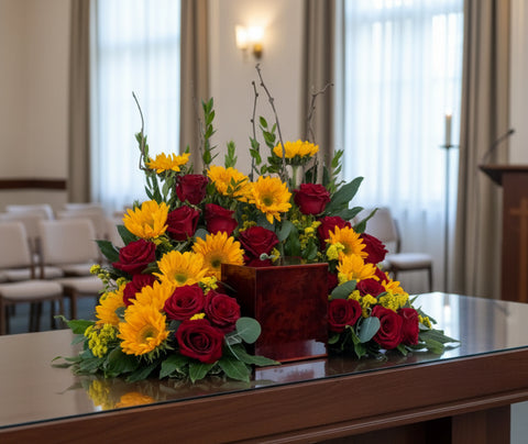 #85 Golden Remembrance Custom Urn Wreath with Sunflowers & Roses