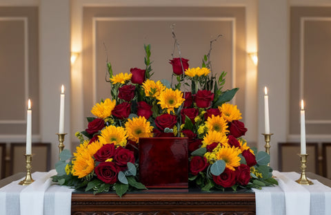 #85 Golden Remembrance Custom Urn Wreath with Sunflowers & Roses