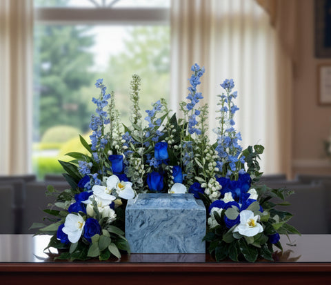 #87 Eternal Peace Blue & White Memorial Urn Wreath with Custom Emblem