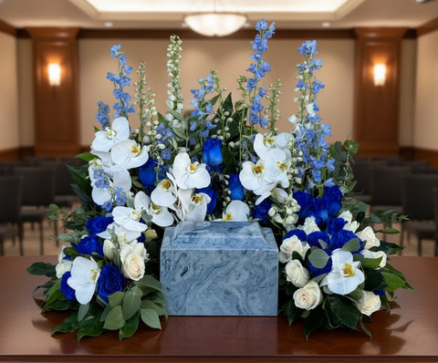 #87 Eternal Peace Blue & White Memorial Urn Wreath with Custom Emblem