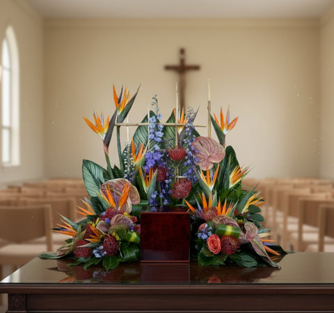 #90 Tropical Garden Tribute Urn Wreath