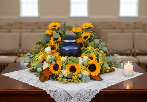 #92 Sunlit Memories Memorial Urn Wreath with Cheerful Sunflowers