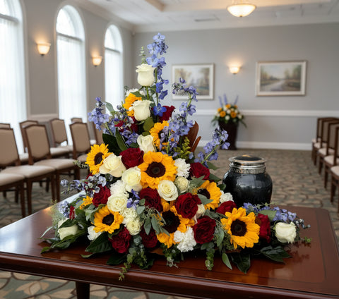 #93 Patriotic Honor Side Memorial Urn Wreath with Sunflowers