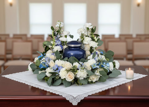 #94 Serene Blue and White Memorial Urn Wreath