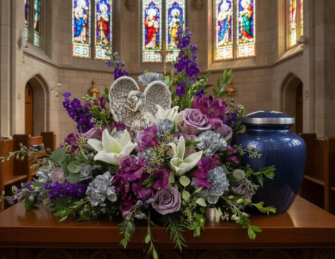 #206 Guardian Angel Lavender & White Urn Arrangement