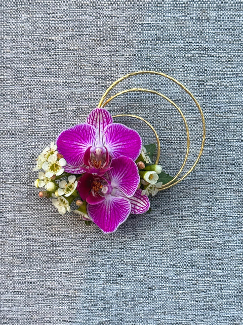 Gold Bindwire Boutonniere with Orchids & Waxflower