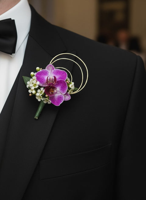 Gold Bind-wire Boutonniere with Orchids & Wax flower (Magnet)