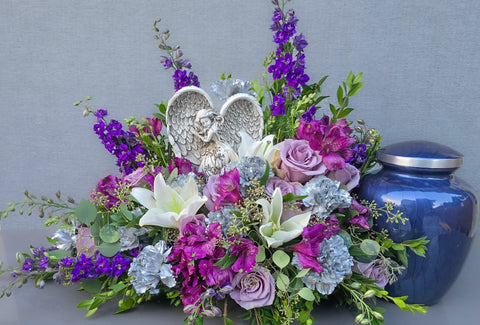#206 Guardian Angel Lavender & White Urn Arrangement